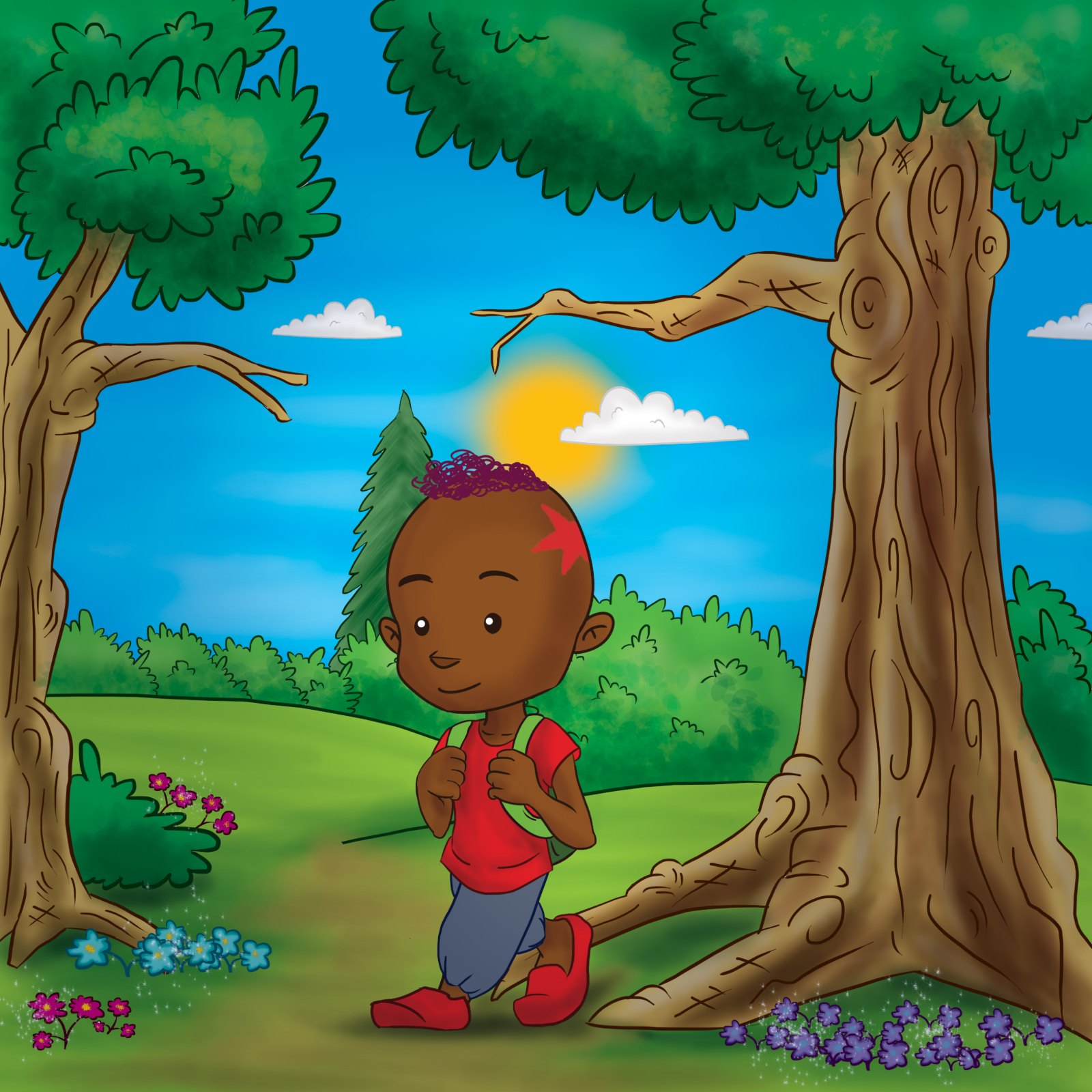 A boy with a backpack walking through the forest