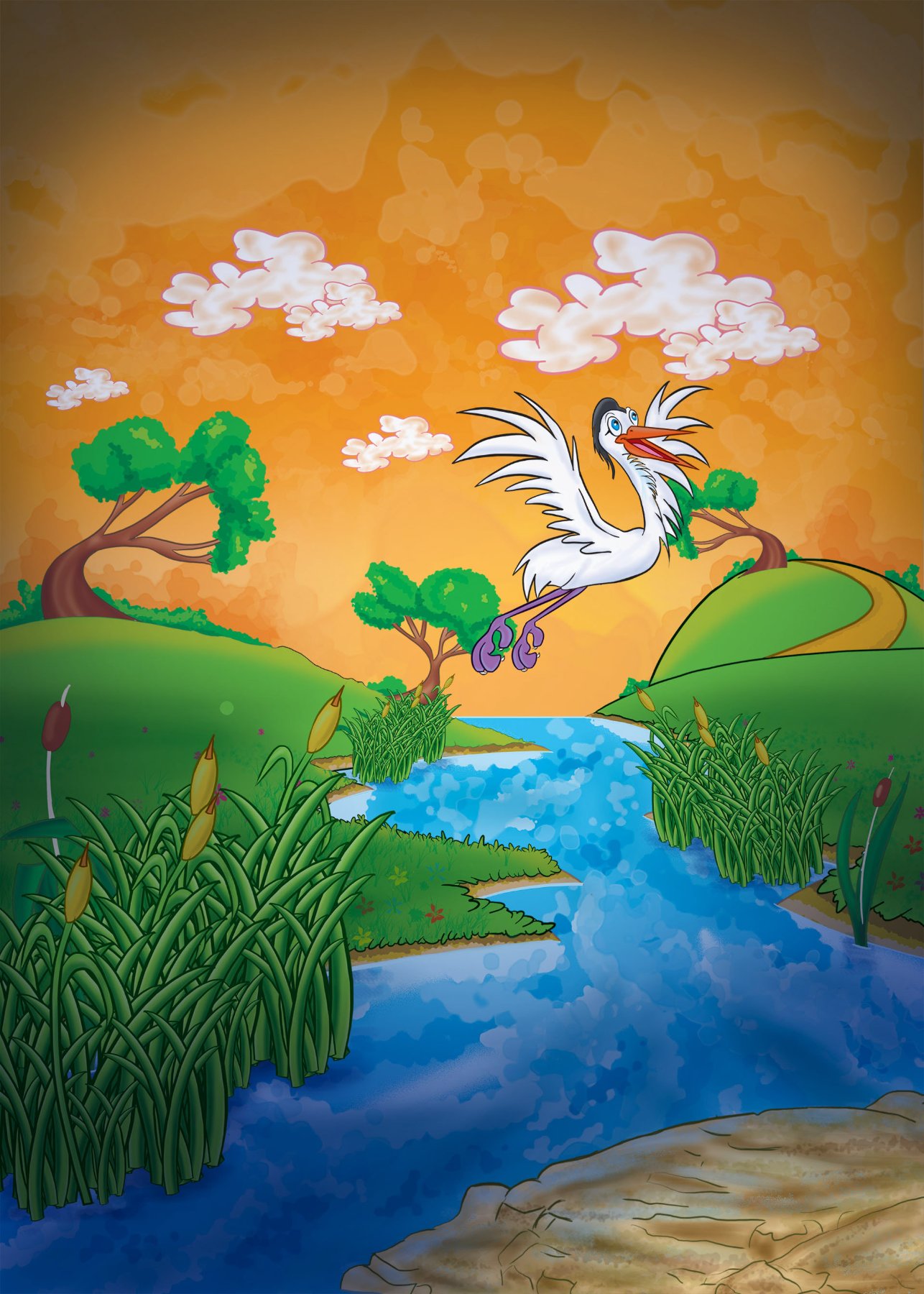 Stork flying over the river
