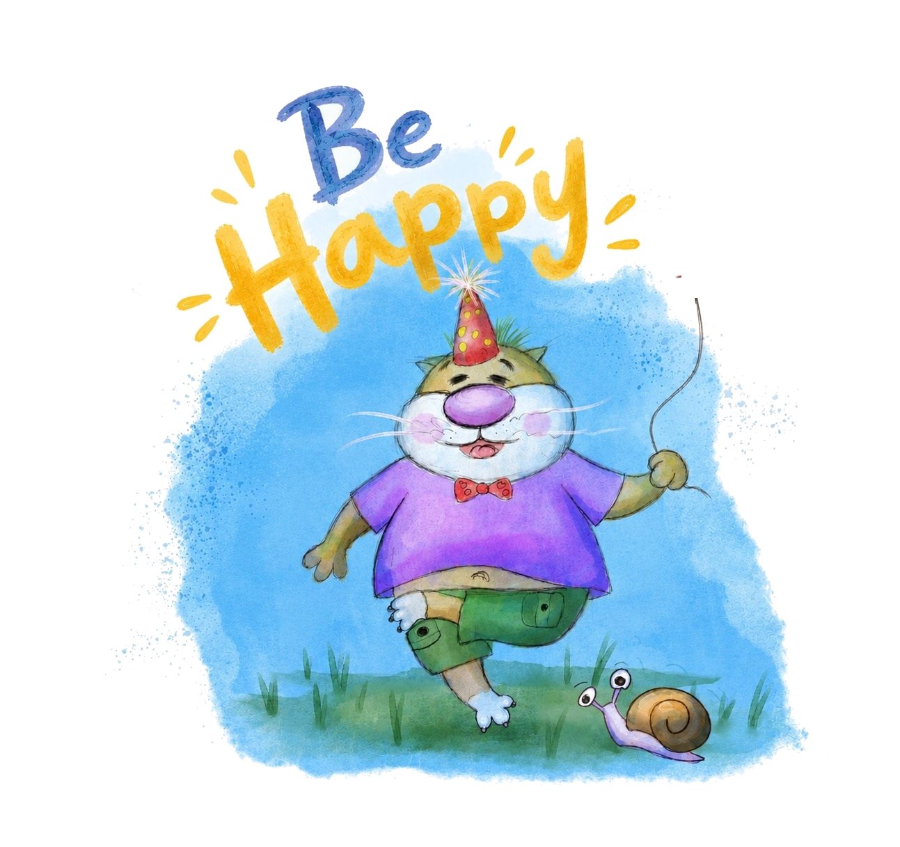 Be Happy: a cheerful hamster in a party hat holding a red balloon, illustrated by Tarek Alfutih