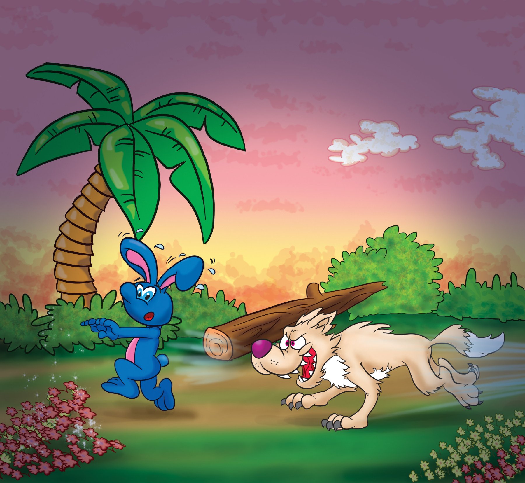 Blue rabbit running from the wolf
