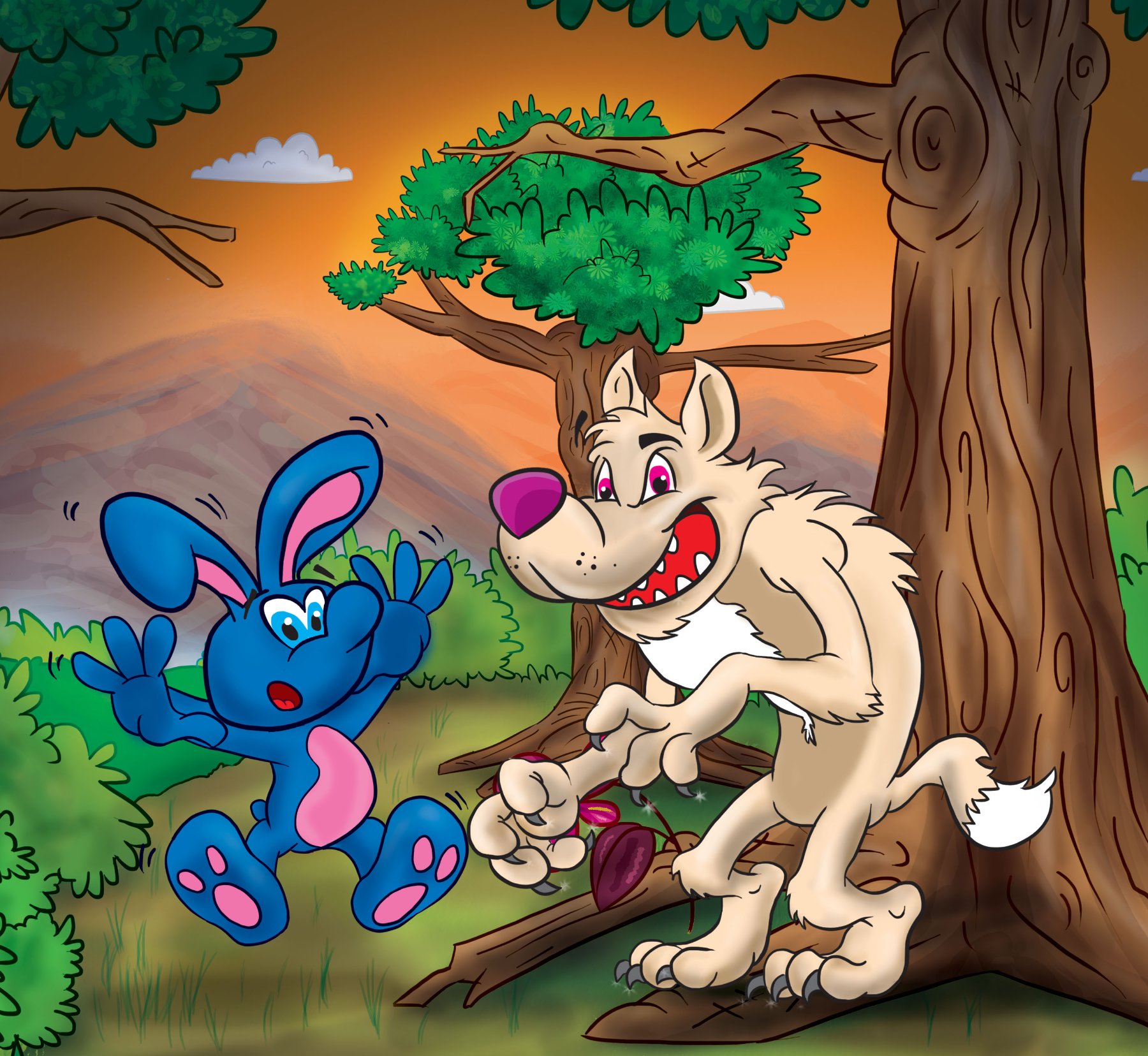 Blue rabbit meets the wolf under the tree