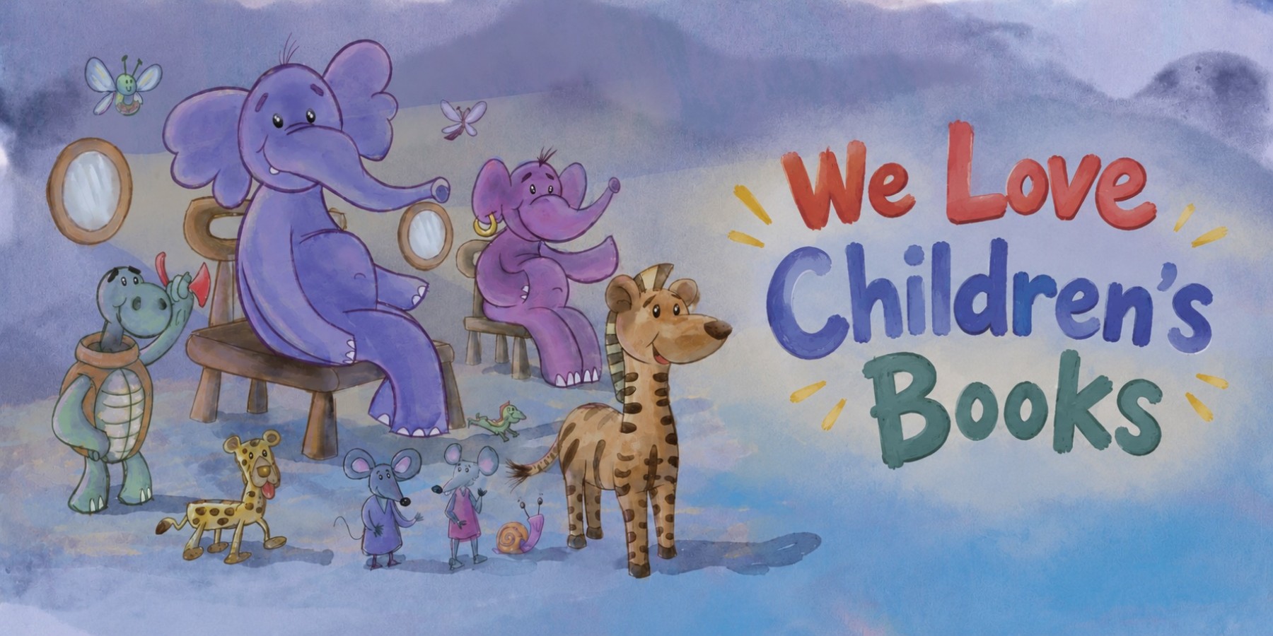 We Love Children's Books: animal friends gathered on chairs, illustrated by Tarek Alfutih